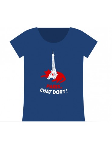 100% Cotton T-Shirt - Sleeping Cat with Eiffel Tower Made in France