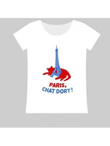 100% Cotton T-Shirt - Sleeping Cat with Eiffel Tower
