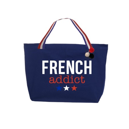 Big Blue White Red Tote Bag French Addict with Pompon