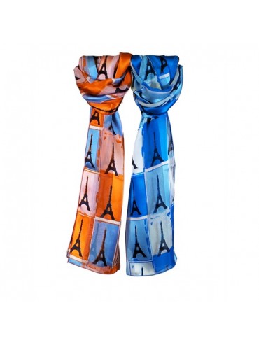 Eiffel Tower Silk Scarf Damier Pattern - Orange Made in France