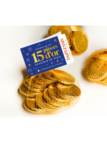 Milk Chocolate. Gold Coins in Mesh Bag - Paris Eiffel Tower - Made in France