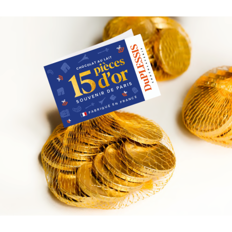 Milk Chocolate. Gold Coins in Mesh Bag - Paris Eiffel Tower - Made in France